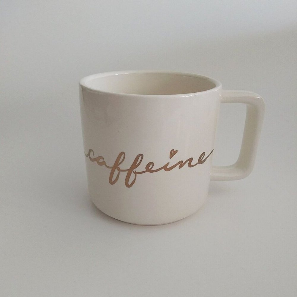 Stoneware Coffee Mug Caffeine And Heart In Gold Script Lettering Coffee Lover